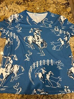 Blue Western Cowboy Horse Print V-Neck Top